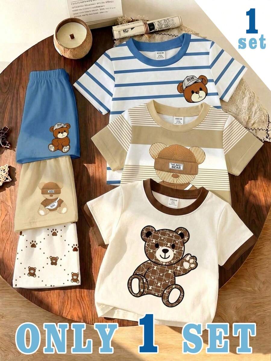 隨機 3 套買 1 套 幼兒休閒時尚配色拼接條紋泰迪熊圖案圓領短袖 T 恤與配套短褲套裝 - 彩色 - 查看 1