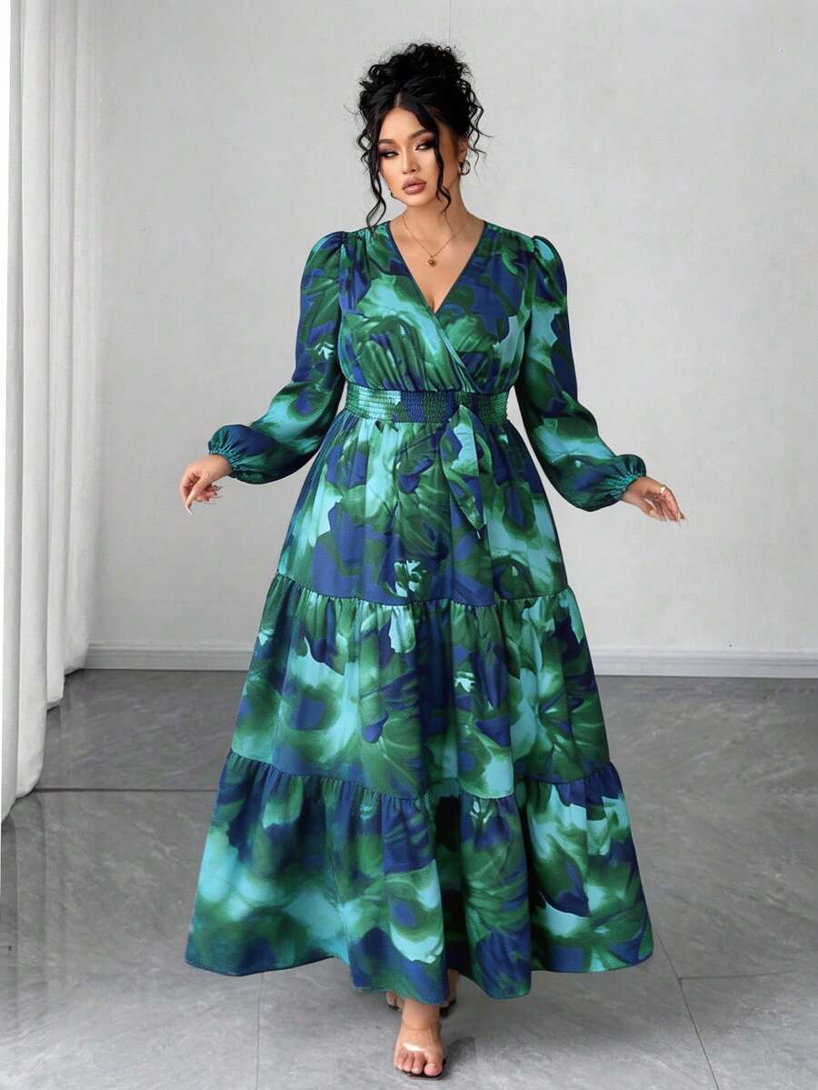 Elenzga 大尺碼女款紮染印花V領長袖洋裝,適合外出、通勤、工作、日常穿著、度假秋季 - 墨綠色 - 查看 1