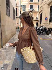 Serisse Women's Solid Color Contrast Lace V-Neck Long Sleeve Casual French Elegant Shirt Teachers' Day Office Brunch Coffee Brown Autumn - Brown - View 9