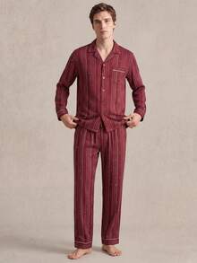 EverLounge 男士秋冬翻領開襟印花聖誕節慶居家服套裝，長袖上衣與長褲，休閒時尚家居服 2 件套 - 紅色 - 查看 4
