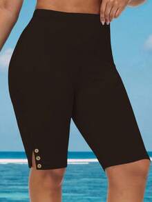 EMERY ROSE Plus Size Women Solid Color High Waist Casual Versatile Daily Wear Skinny Shorts - Brown - View 3