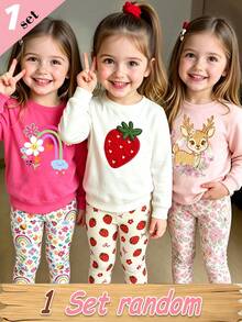 (1 Set Random) Baby Girl Cute Rainbow Colorful Flower Bee Strawberry Bow Deer Pattern Basic Crew Neck Sweatshirt With Leggings - Multicolor - View 1