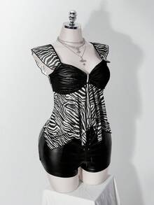 SHEIN ICON 女款大尺碼斑馬紋不對稱下擺荷葉袖上衣 - 彩色 - 查看 9