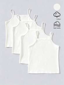 4pcs/Set Girls Regular Basic Minimalist Solid Color Camisole Tank Top Underwear Set, Traceable Cotton Fabric - White - View 1
