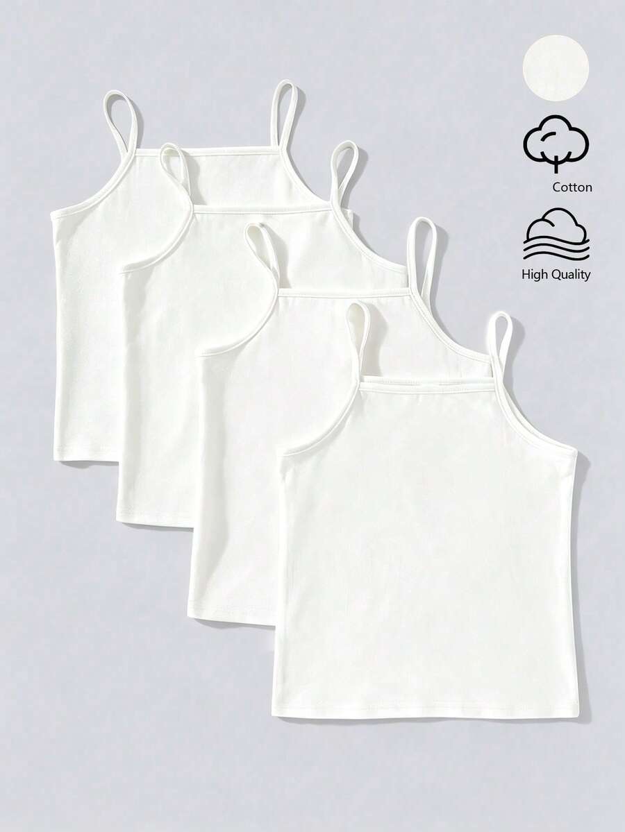 4pcs/Set Girls Regular Basic Minimalist Solid Color Camisole Tank Top Underwear Set, Traceable Cotton Fabric - White - View 1