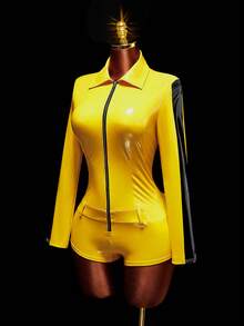 Amplova Women's Halloween Cosplay Black & Yellow Contrast Color Tight Romper Unitard Sexy Casual - Yellow - View 7