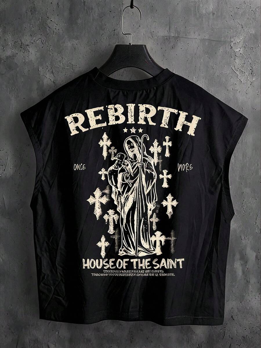 Manfinity ZONE917 Street Style Short Gothic Jesus Shepherd Cross Graffiti Print Black Tank Top, Holiday - Black - View 1