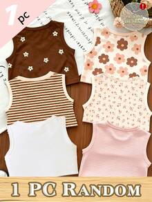 (1 Random Item From 6)Girls Cute Minimalist Fresh Floral Bow Striped Pattern Printed Basic Tank Top, Comfortable Summer Daily Wear - White - View 2