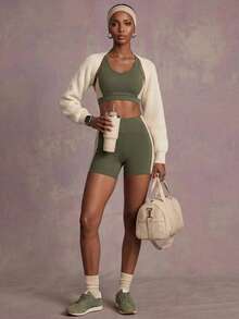 Zivah Women's Colorblock Cropped Top And High-Waist Shorts Gym Workout Fitness Pilates Set Olive Green All Season - Green - View 10