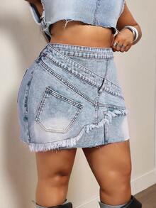Slaydiva Plus Size Asymmetrical Distressed Patchwork Denim Mini Skirt, Summer - Blue - View 6