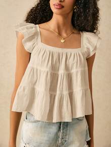SHEIN Frenchy 女士方领荷叶边下摆短袖衬衫 - 米色 - 查看 3