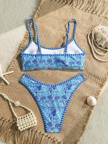 Swim Mod 2pcs/Set Women's Beach Bikini Set, Random Colorful Ocean Element & Shell Strap, Geometric Contrast Trim Design - Multicolor - View 2