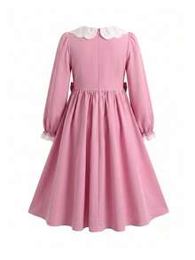 SHEIN Tween Girls Tween Girl Lace Pink Bow Cute Dress, Autumn/Winter/All Season Wear, Primary School, Middle School - Pink - View 9