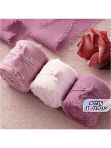 3 Rolls, 3 Colors, Hand-Wrapped Chiffon Ribbon, Suitable For Wedding Invitations, Mother's Day, Bridal Bouquets, Gift Wrapping, DIY Crafts, Rustic Wedding Invitations, Bows, Garlands, Christmas Decorations, - Pink ribbon - View 1
