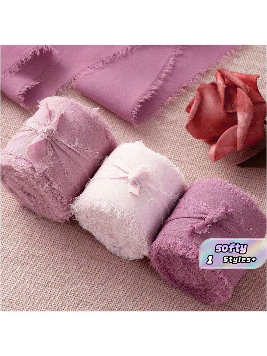 3 Rolls, 3 Colors, Hand-Wrapped Chiffon Ribbon, Suitable For Wedding Invitations, Mother's Day, Bridal Bouquets, Gift Wrapping, DIY Crafts, Rustic Wedding Invitations, Bows, Garlands, Christmas Decorations, - Pink ribbon - View 1