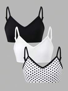 SHEIN Tween Girl Knit Solid Color Polka Dot Camisole Bra 3 Pieces Set - Multicolor - View 7
