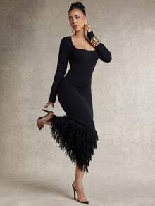 Silquee Women's Solid Color Long Sleeve Tassel Hem Fitted Elegant Knit Dress - Black - View 1