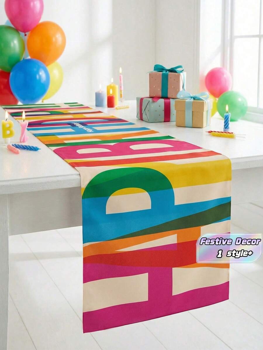 1 Piece Happy Birthday Table Runner Colorful Rectangular Polyester Fabric Party Tablecloth For Indoor Outdoor Family Celebration Decor Backdrop - Multicolor - View 1