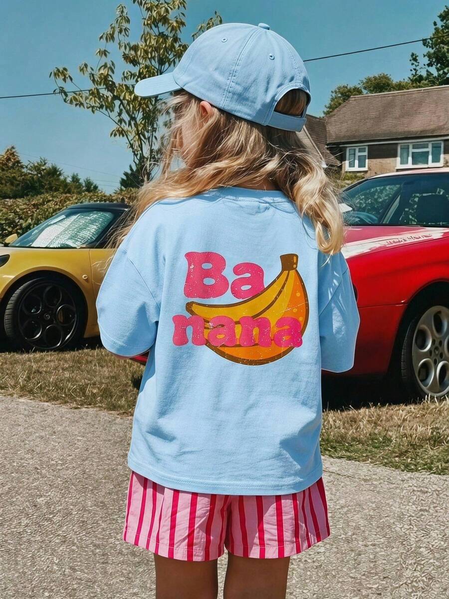 THE HAPPY LOOK Young Girl Fruit Pattern Knitted Soft Crew Neck Short Sleeve Drop Shoulder Pullover Top & Striped Shorts 2pcs Set - Baby Blue - View 1