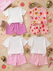 1Random Set, Young Girls Soft Fabric Round Neck Short Sleeve T-Shirt Set, With Cute Cartoon Pencil Pattern, Suitable For Back To School Season - Multicolor - View 2