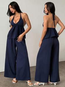 SHEIN PETITE Women's Solid Color Halter Tie Backless Pleated Top And Wide Leg Pants Casual Elegant Sexy 2-Piece Set Petite Night Out Vacation Navy Blue Summer - Navy Blue - View 5