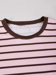 SHEIN Sparklyn 青少年女孩 T-shirt 套裝，粉色與棕色拼接條紋 2 件組，深棕色滾邊圓領設計，秋冬休閒長褲套裝，長袖 - 彩色 - 查看 4