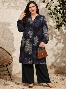 Al Najma Plus Size Women's Floral Print Notch V-Neck Long Shirt And Wide Leg Pants Arabian Set - Multicolor - View 3
