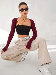 Comfortcana Spring/Autumn Solid Color Short Cardigan, No Straps, Suitable For Autumn/Winter - Burgundy - View 7