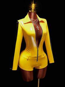 Amplova Women's Halloween Cosplay Black & Yellow Contrast Color Tight Romper Unitard Sexy Casual - Yellow - View 4