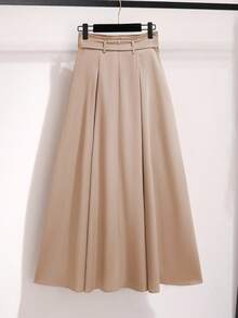 SHEIN Franclia 女士优雅纯色A字裙 - 棕色 - 查看 2
