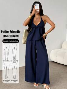 SHEIN PETITE Women's Solid Color Halter Tie Backless Pleated Top And Wide Leg Pants Casual Elegant Sexy 2-Piece Set Petite Night Out Vacation Navy Blue Summer - Navy Blue - View 2