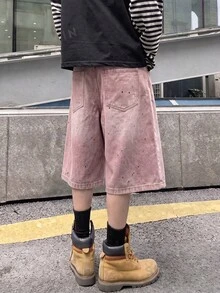Manfinity Roghcode 男士休閒日常牛仔短褲，附口袋、鈕扣與字母圖案 - 粉色 - 查看 2