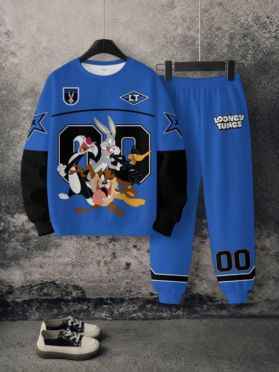 LOONEY TUNES X SHEIN 大童男孩卡通圖案長袖運動衫與運動長褲休閒日常套裝 - 白色 - 查看 1