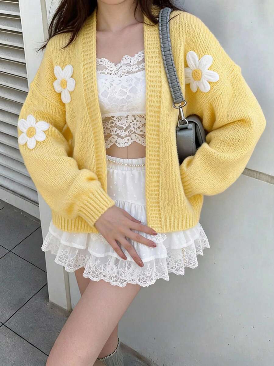 Soleia Women's Floral Pattern Casual Versatile Daily Wear Knit Cardigan,Going Out - Yellow - View 1