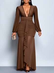 SOLERSUN Women's Plus Size Elegant Brown Mesh Maxi Dress Ruffle V-Neck Pleated Summer Party Night Out Club - Brown - View 3