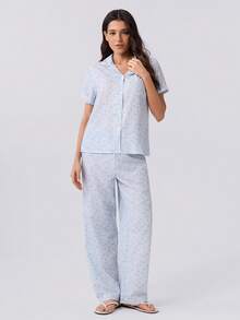 Loungeista Bubble Crinkle Little Star Print Short Sleeve Long Pants Pajama Set - Baby Blue - View 4