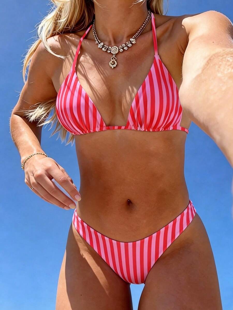 Swim Mod 女款夏季海灘條紋掛脖綁帶性感比基尼三角褲兩件式泳衣套裝 - 彩色 - 查看 1