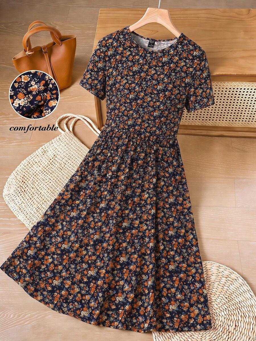 Rusticease Ladies' Summer Round Neck Floral Print A-Line Short Elegant Dress,Boho Clothes Women - Black - View 1