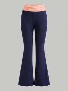 SHEIN Teen Girl Contrast Color Folded Waist Flare Pants - Multicolor - View 5
