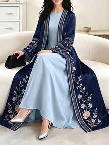 SHEIN Najma 花卉印花海軍藍女款優雅阿拉伯式長袍，春秋時尚長袖開襟長版開襟外套，阿拉伯風情服飾 - 彩色 - 查看 5