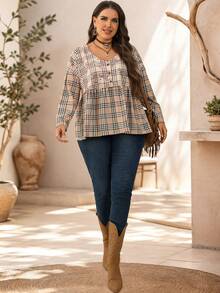 EMERY ROSE Plus Size Women's Plaid Floral Print V-Neck Long Sleeve Ruffle Button Loose Blouse Boho Casual Vacation Formal Brunch Autumn Black And White Fall - Multicolor - View 7