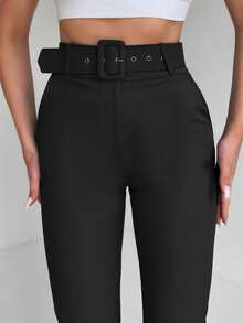 EURMUSE Solid High Waist Suit Trousers - Black - View 8