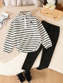Elladie kids 女童秋冬新款抓絨字母刺繡半拉鍊圓弧下擺長袖高領上衣與刷毛黑色內搭褲套裝 返校季 - 黑與白 - 查看 4