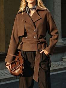 Balvessa Autumn/Winter Atmosphere Short Wool Lapel Jacket, Double-Breasted Waist-Cinching Tie Coat, Suitable For Daily Wear, Commuting, Office Outfit - Brown - View 1