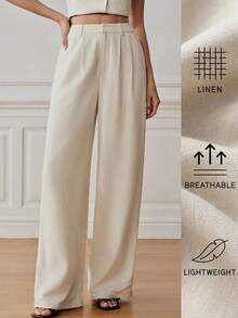 Anewsta Essential Women's Summer Linen Natural Color Straight Leg Casual Draped Old Money Style Long Pants - Apricot - View 1
