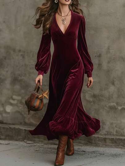 SHEIN Women's Elegant V-Neck Lantern Long Sleeve Burgundy Velvet Casual Commute Dress, Red Dress, Elegant Dress, Casual Dress, Winter Dress, V-Neck Long Sleeve Dress, Commute Outing Dress, Office Wear, Velvet Dress, Burgundy Dress, Autumn Clothing, Elegant Party Dress, Luxury Evening Gown,