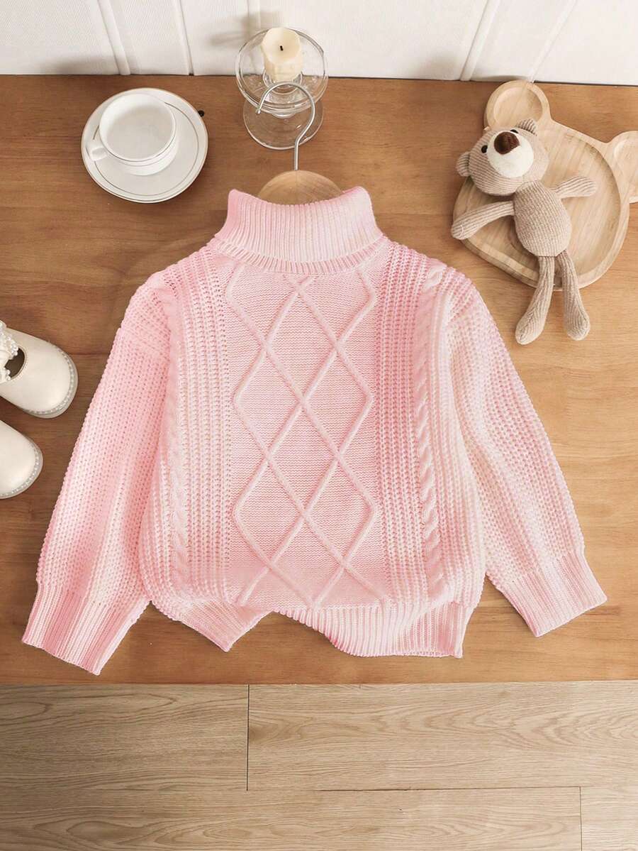 SHEIN Genkimix Kids 1件女款套頭毛衣,高領搭配菱格紋理,純色,簡約百搭,寬鬆版型,柔軟舒適風格,適中厚度,整齊下擺,柔軟舒適,適合日常休閒穿著、外出、購物,秋冬季 - 粉色 - 查看 1