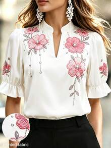 Velvienne Plus Size Women V-Neck Floral Print Casual Everyday Wear Shirt, - Multicolor - View 1