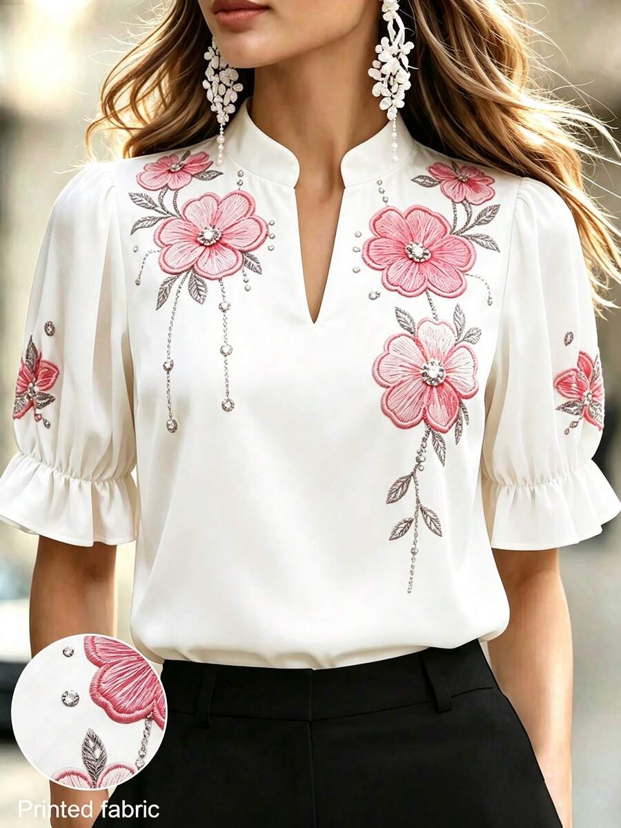 Velvienne Plus Size Women V-Neck Floral Print Casual Everyday Wear Shirt, - Multicolor - View 1