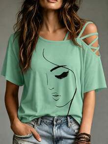 SHEIN 不对称领口人物图案 T 恤图案 T 恤女式上衣 - 薄荷綠 - 查看 1